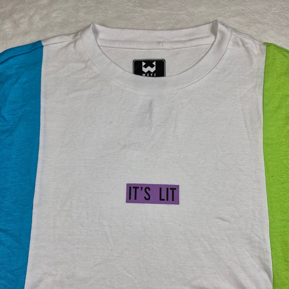 It's Lit Colorblock Tee WXYZ Mfg Co Graphic Mens Medium White Blue Green Good
